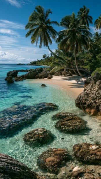 A stunning tropical Beach Wallpaper featuring clear turquoise water, sandy shores, and lush palm trees under a bright blue sky