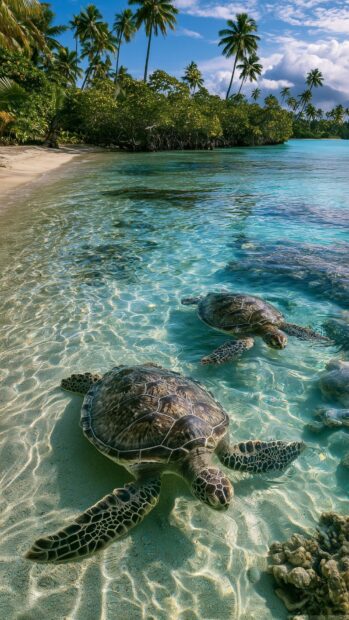 Beach wallpaper featuring two sea turtles swimming in crystal clear turquoise water near a tropical sandy beach with palm trees
