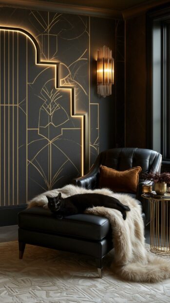 Luxurious cat wallpaper featuring a black cat sleeping on a fur throw in an elegant art deco-style room