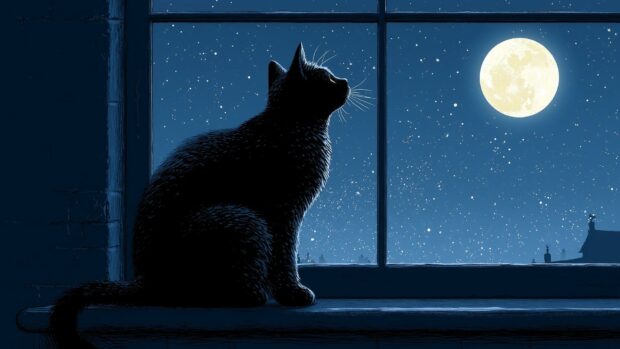 Beautiful cat wallpaper showing a black cat silhouetted against a starry night sky with a full moon