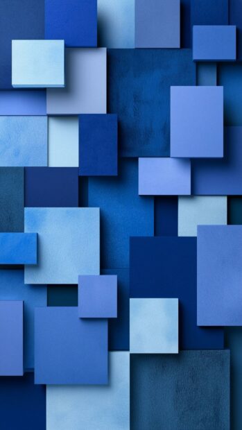 A geometric blue aesthetic wallpaper featuring an abstract arrangement of overlapping squares and rectangles in various shades of blue