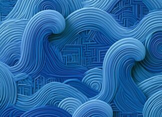 A blue aesthetic wallpaper depicting an abstract 3D pattern of stylized waves and spirals in multiple shades of blue