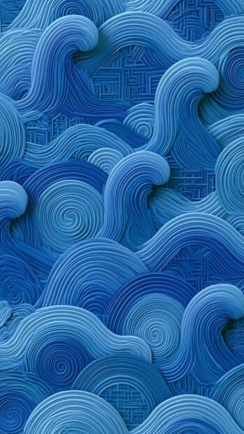 A blue aesthetic wallpaper depicting an abstract 3D pattern of stylized waves and spirals in multiple shades of blue