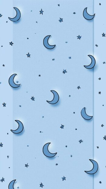 A blue aesthetic wallpaper featuring a cute, minimalist pattern of crescent moons and small stars on a light blue background