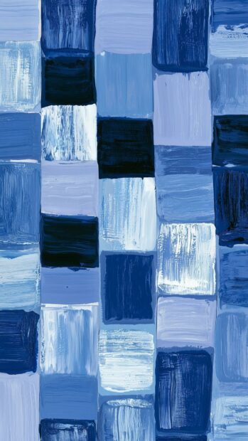 A blue aesthetic wallpaper featuring a grid of hand-painted squares with visible brush strokes in various shades of blue and some dark accents