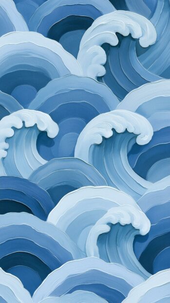 A blue aesthetic wallpaper depicting a stylized illustration of ocean waves in various shades of blue, creating a calming pattern