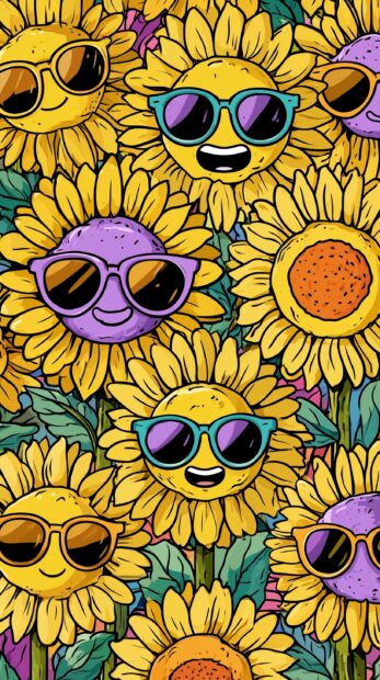 A fun cartoon sunflower wallpaper featuring many sunflowers wearing colorful sunglasses