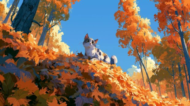 Cat Wallpaper featuring a cute calico cat nestled in a large pile of vibrant orange autumn leaves under a clear blue sky