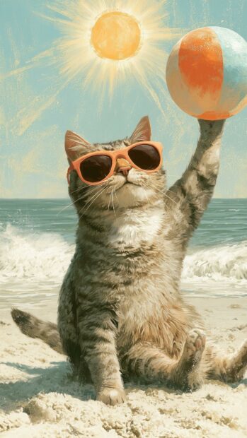 A fun cat wallpaper featuring a tabby cat with sunglasses holding a beach ball on a sunny beach