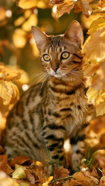 Stunning cat wallpaper of a striped Bengal cat with bright yellow eyes sitting among golden autumn leaves