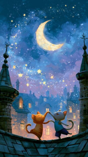 Two happy cartoon cats dance on a rooftop under a starry night sky with a crescent moon, an enchanting cat wallpaper