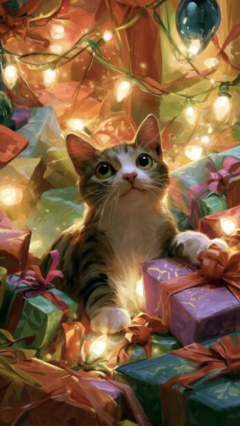 A cute tabby cat wallpaper surrounded by colorful Christmas presents and sparkling fairy lights