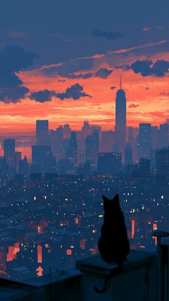 A dramatic cat wallpaper showing a black cat silhouette on a rooftop overlooking a city skyline at sunset