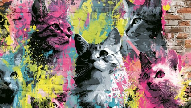 Cat Wallpaper featuring multiple cats in a vibrant graffiti art style on a brick wall background