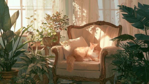 A cozy orange Cat Wallpaper sleeps on a vintage armchair surrounded by lush houseplants bathed in warm sunlight