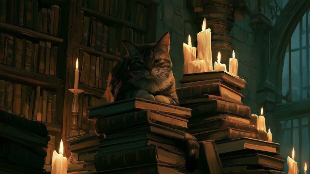 Cat Wallpaper showing a cat sitting on old books surrounded by glowing candles in a dark library