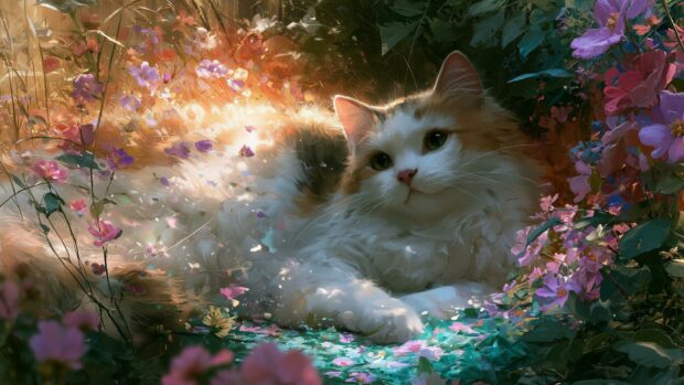 Beautiful cat wallpaper featuring a fluffy calico cat lying peacefully among colorful flowers and sparkling light