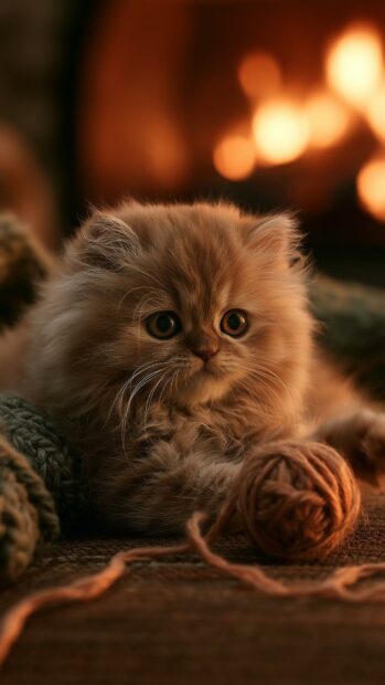 Adorable cat wallpaper featuring a fluffy brown kitten with big eyes next to a ball of yarn
