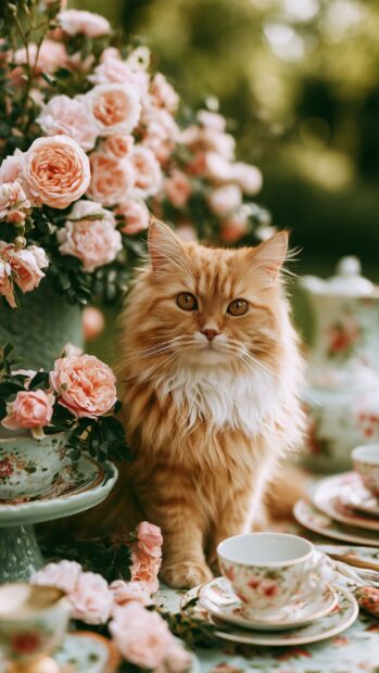 A beautiful fluffy orange Cat Wallpaper sits among pink roses and vintage teacups in a garden setting