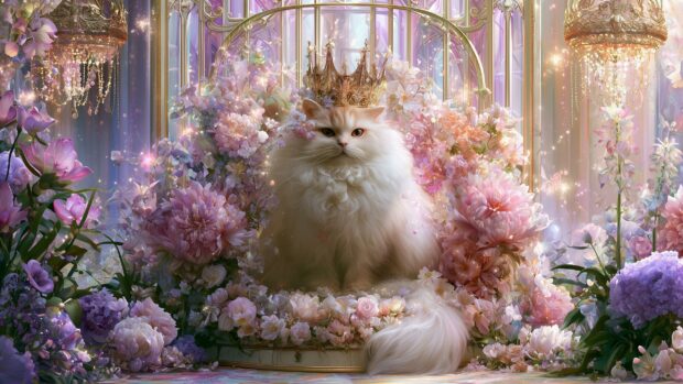 A majestic fluffy white cat wallpaper wearing a crown, regally seated among abundant pink and purple flowers