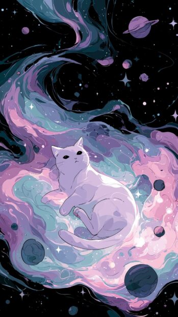 A stunning white cat wallpaper floating serenely in a vibrant purple and blue galaxy nebula