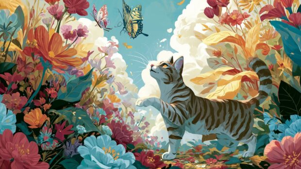 Cat Wallpaper depicting a tabby cat watching butterflies in a beautiful, colorful garden with abundant flowers