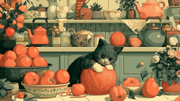 A playful black and white cat wallpaper in a cozy kitchen setting with oranges and yarn