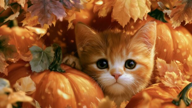 Adorable ginger cat wallpaper featuring a kitten peeking from a pile of orange pumpkins and autumn leaves
