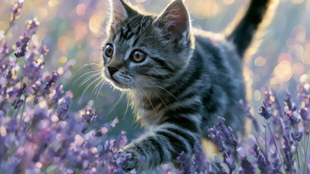A cute tabby kitten walks through a vibrant field of purple lavender flowers, perfect as a cat wallpaper