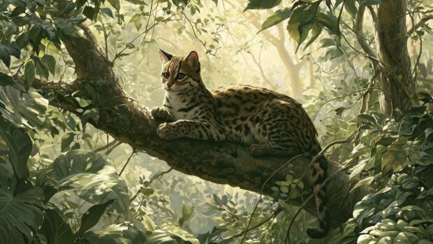 Cat Wallpaper featuring an ocelot resting on a tree branch in a sun-dappled jungle environment