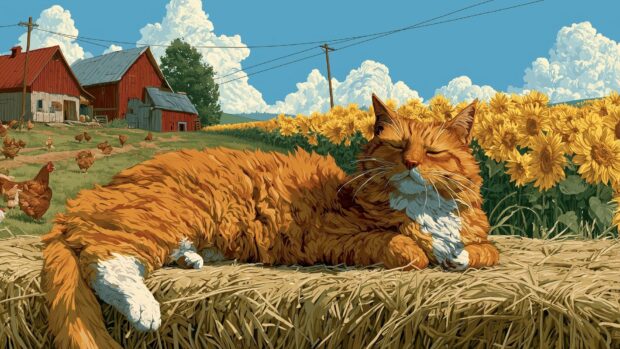 A vibrant orange Cat Wallpaper rests on a hay bale in a sunny sunflower field with red barns and chickens
