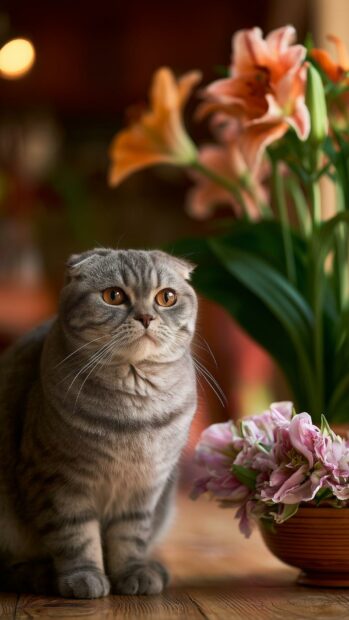 A cute grey Scottish Fold cat with amber eyes sits elegantly next to pink and orange flowers, perfect for a cat wallpaper
