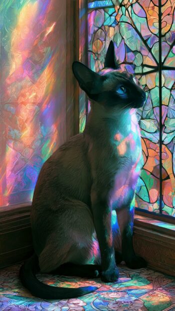 Vibrant cat wallpaper featuring a Siamese cat sitting in front of a colorful stained glass window, illuminated by rainbow light