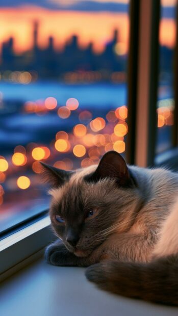 A beautiful Siamese cat rests by a window, looking at a city skyline with bokeh lights at dusk, ideal for a cat wallpaper