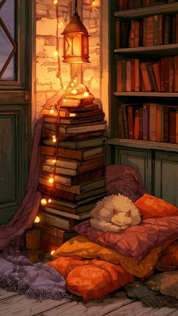 A fluffy white Cat Wallpaper sleeps amidst cushions next to a towering stack of books adorned with fairy lights