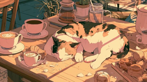 An illustration of a calico Cat Wallpaper sleeping peacefully on a cafe table surrounded by coffee and pastries