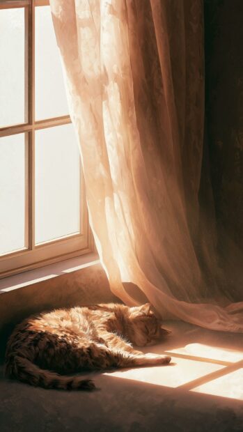 An orange tabby cat peacefully sleeps in a warm sunbeam by a window with sheer curtains, making a cozy cat wallpaper