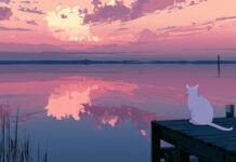An aesthetic cat wallpaper illustration of a white cat sitting on a pier watching a pink sunset over a lake