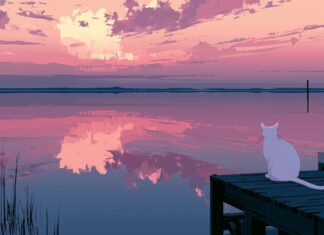 An aesthetic cat wallpaper illustration of a white cat sitting on a pier watching a pink sunset over a lake