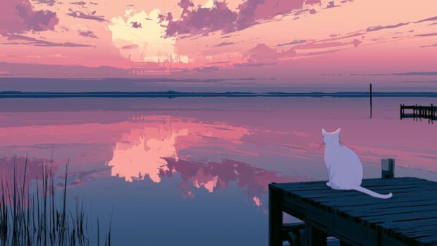 An aesthetic cat wallpaper illustration of a white cat sitting on a pier watching a pink sunset over a lake
