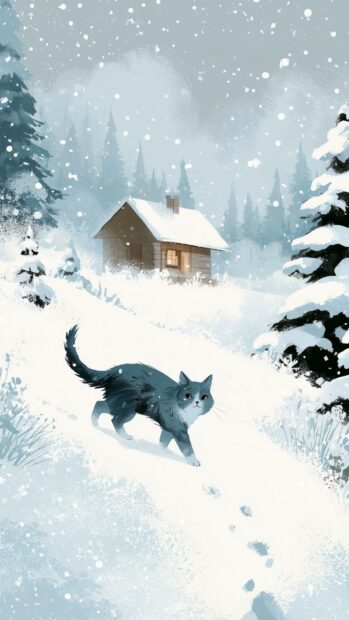 A serene cat wallpaper showing a gray cat walking through a snowy winter forest with a small cabin