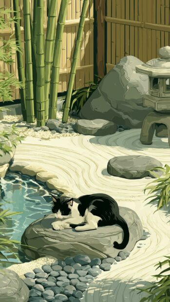 A peaceful black and white cat wallpaper resting on a rock in a tranquil Japanese zen garden with bamboo