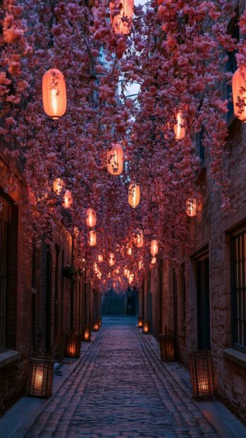 Cherry blossom wallpaper featuring a narrow alley adorned with glowing lanterns and pink flowers at dusk
