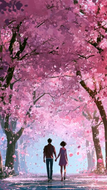 Cherry blossom wallpaper depicting an anime couple walking hand-in-hand under a vibrant pink canopy