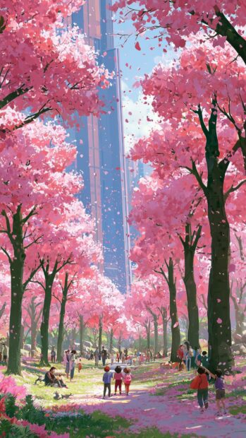 An anime-style cherry blossom wallpaper depicting a vibrant park filled with people enjoying the pink cherry blossom trees and a tall skyscraper in the background