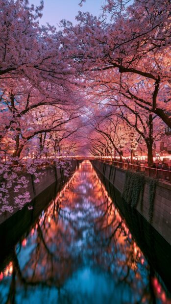 A breathtaking cherry blossom wallpaper featuring a canal at night with cherry blossom trees reflecting beautifully in the water