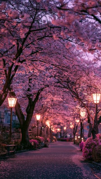 A dreamy cherry blossom wallpaper showing a path lined with glowing street lamps under a canopy of pink cherry blossom trees at night