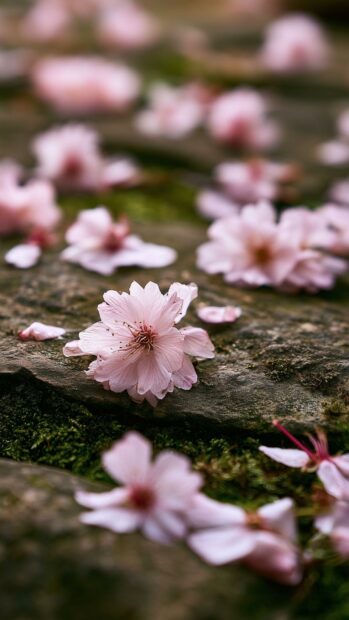 A beautiful Cherry Blossom Wallpaper featuring delicate pink petals fallen on a mossy stone path