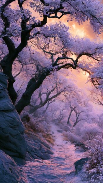 A fantasy-inspired cherry blossom wallpaper depicting a path winding through purple-hued frosted trees resembling cherry blossoms under a warm sunset sky