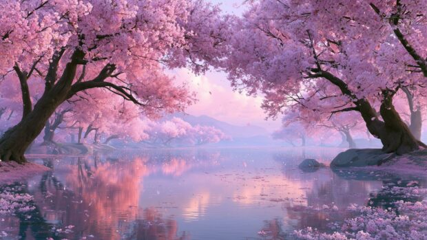 A stunning Cherry Blossom Wallpaper depicting a pastel pink forest surrounding a tranquil lake with reflections